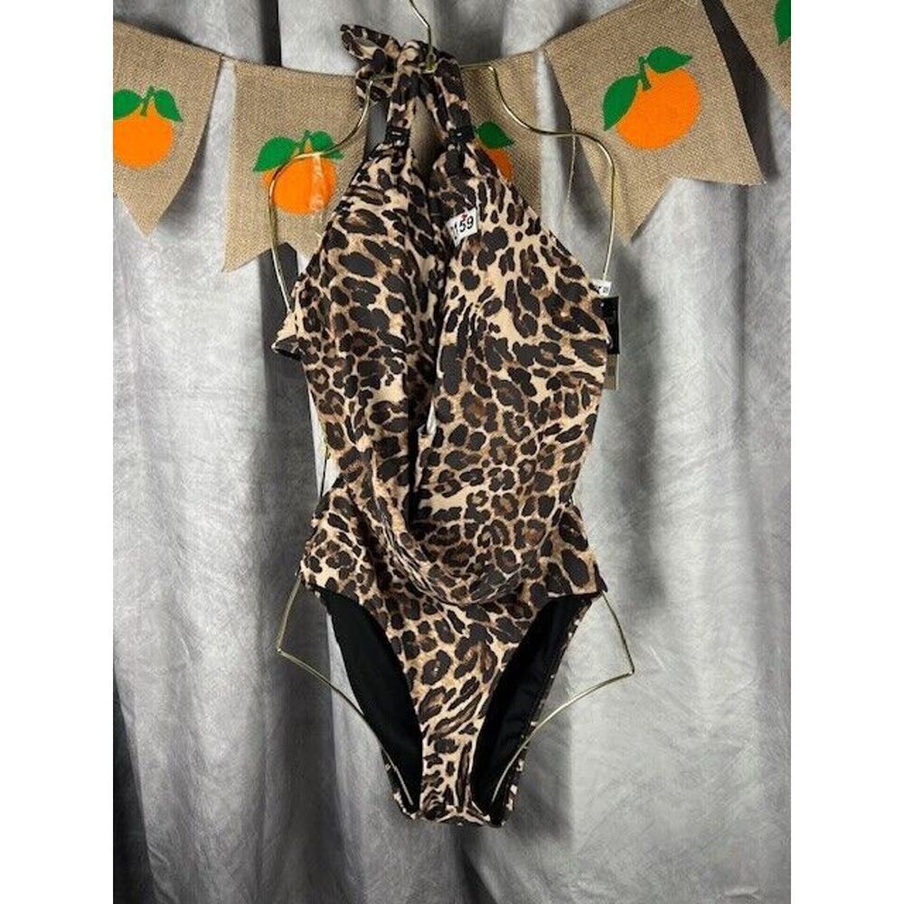 Bar III Women's Natural Animal-Print Cowlneck One-Piece Swimsuit, Size Medium